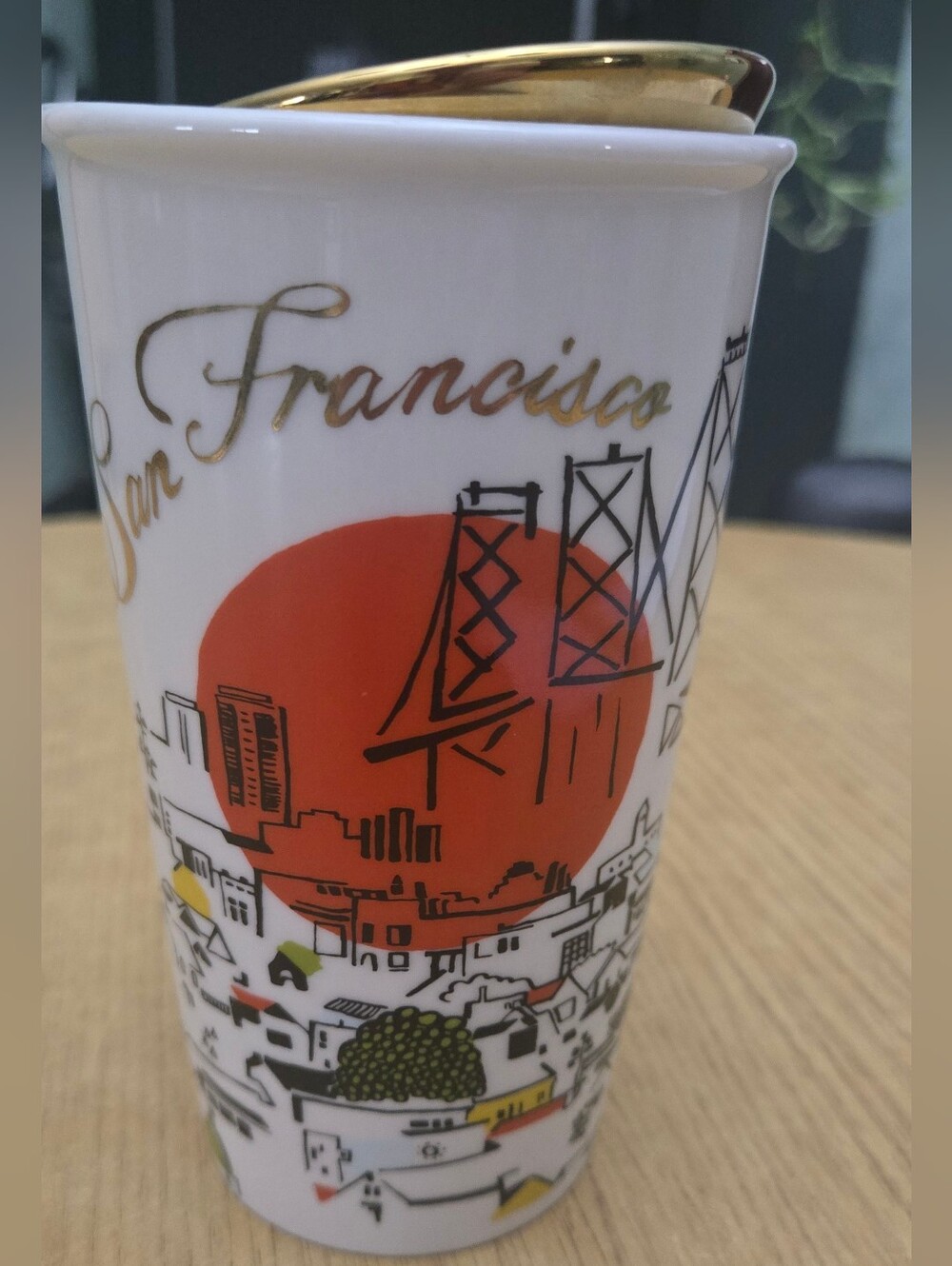 Starbucks San Francisco 2015 Ceramic Tumbler/Travel Cup 12 Oz With Gold Lid